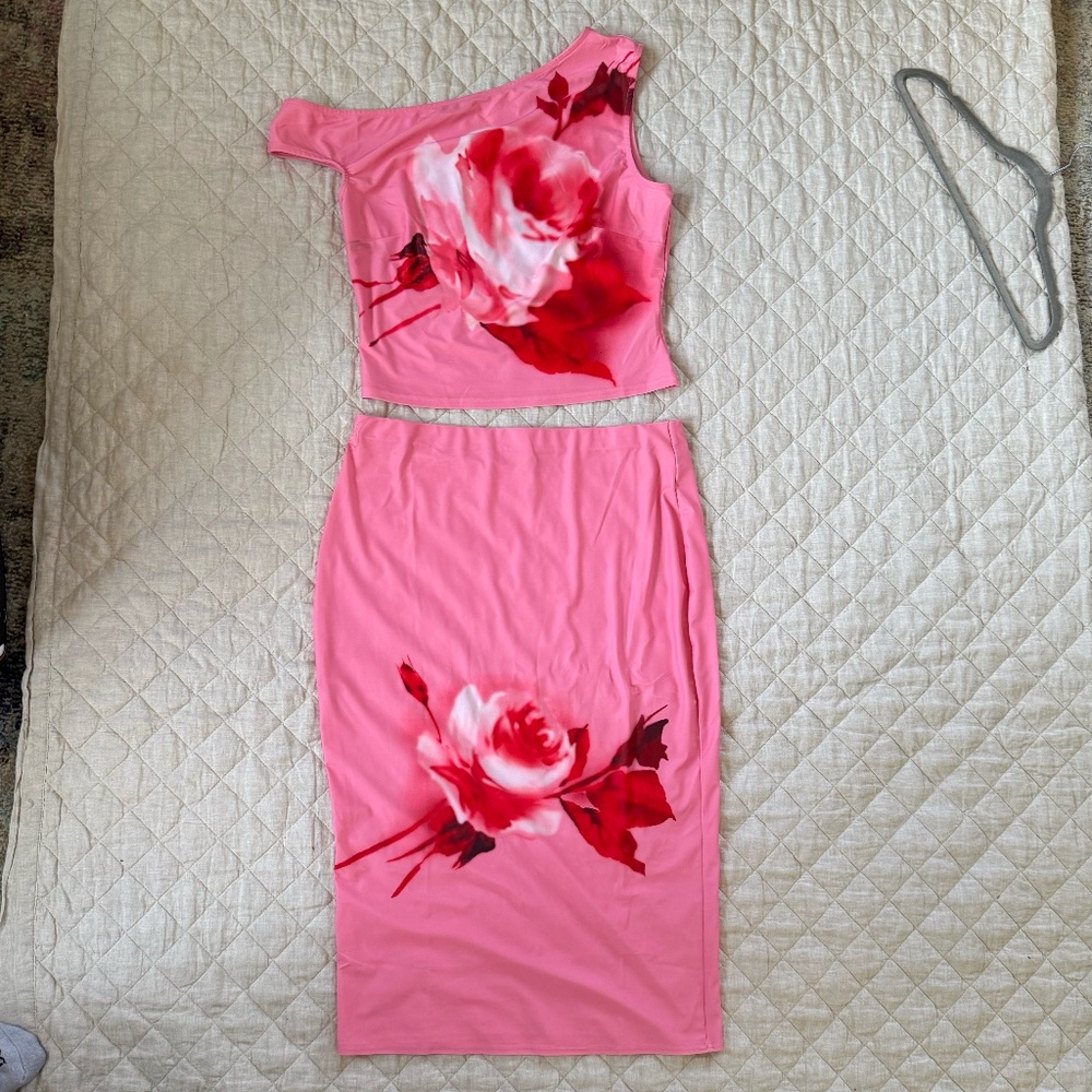 Pink Floral Two Piece Midi Skirt + Top Set